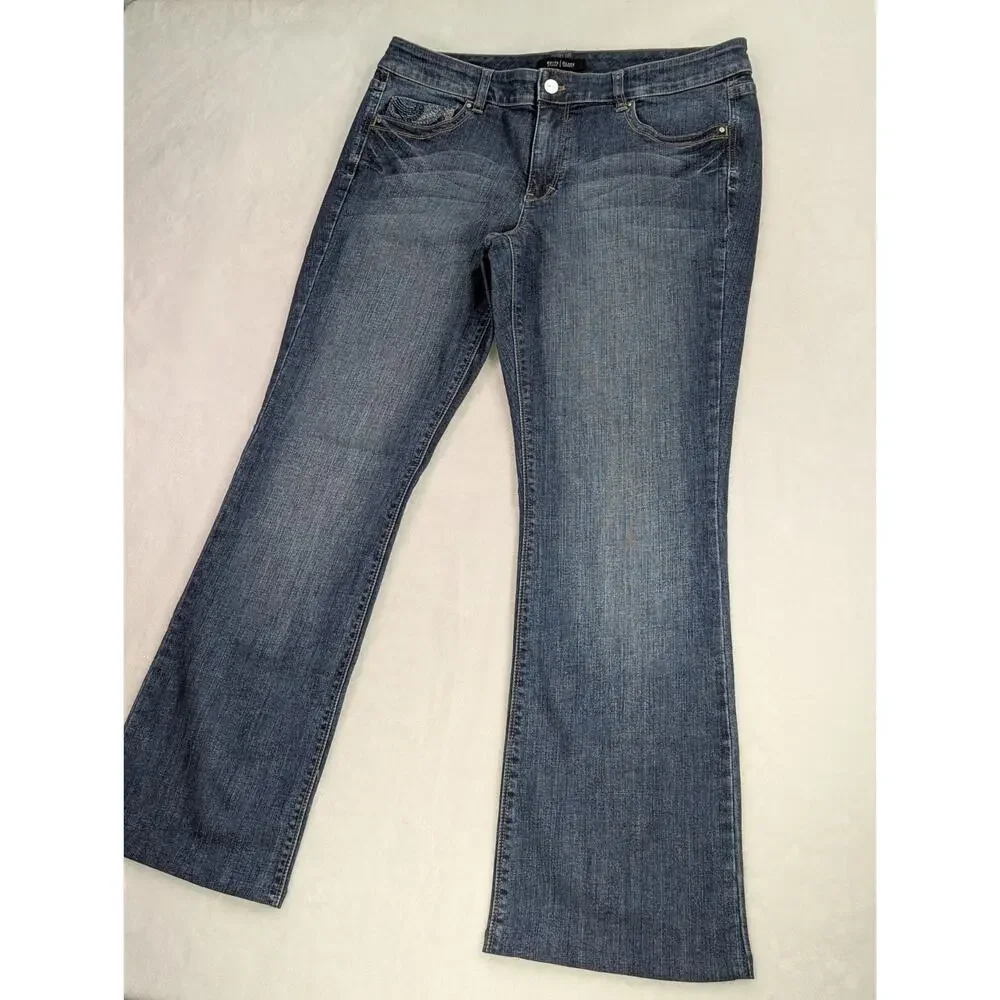 White House Black Market Blanc Bootcut Jeans 12R Blue Embroidered Pockets WHBM